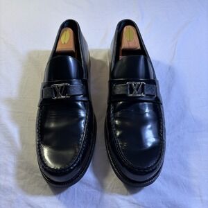 Authentic Louis Vuitton Size 13 Men's Black Patent Leather Loafers LV Buckle